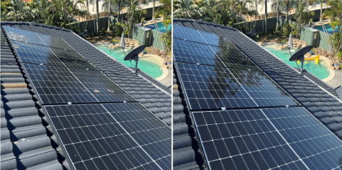 Solar panels on a tiled roof before and after cleaning, side by side — dirty and dull on the left, clean and dark on the right